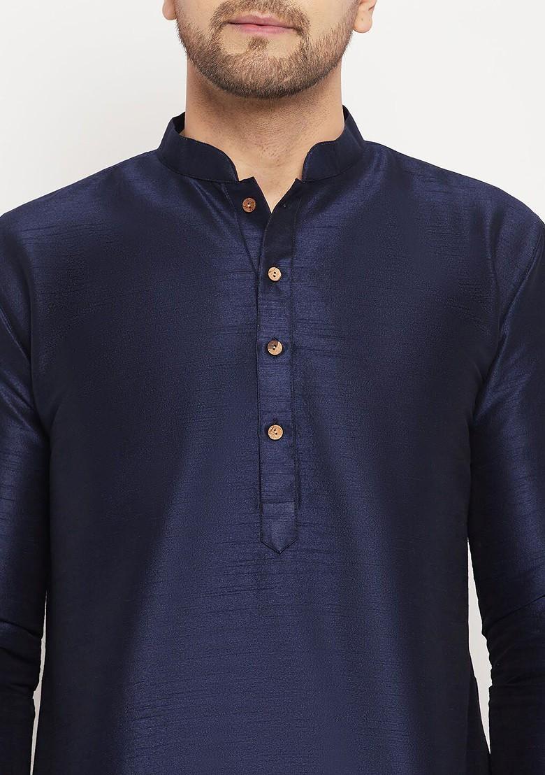 Navy Blue Solid Silk Kurta Set For Men
