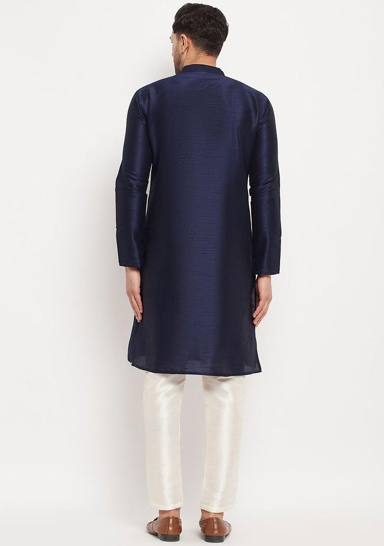 Navy Blue Solid Silk Kurta Set For Men