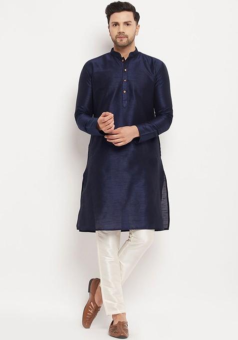 Navy Blue Solid Silk Kurta Set For Men