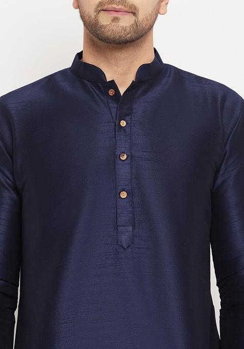 Navy Blue Solid Silk Kurta Set For Men