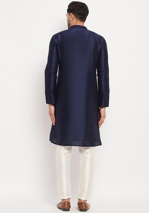 Navy Blue Solid Silk Kurta Set For Men
