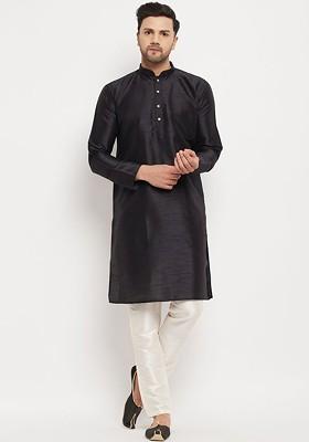 Black Solid Silk Kurta Set For Men