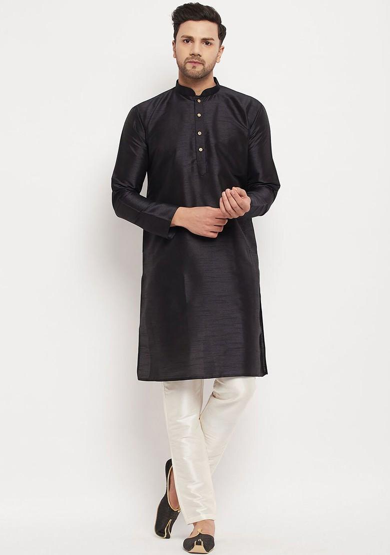 Black Solid Silk Kurta Set For Men