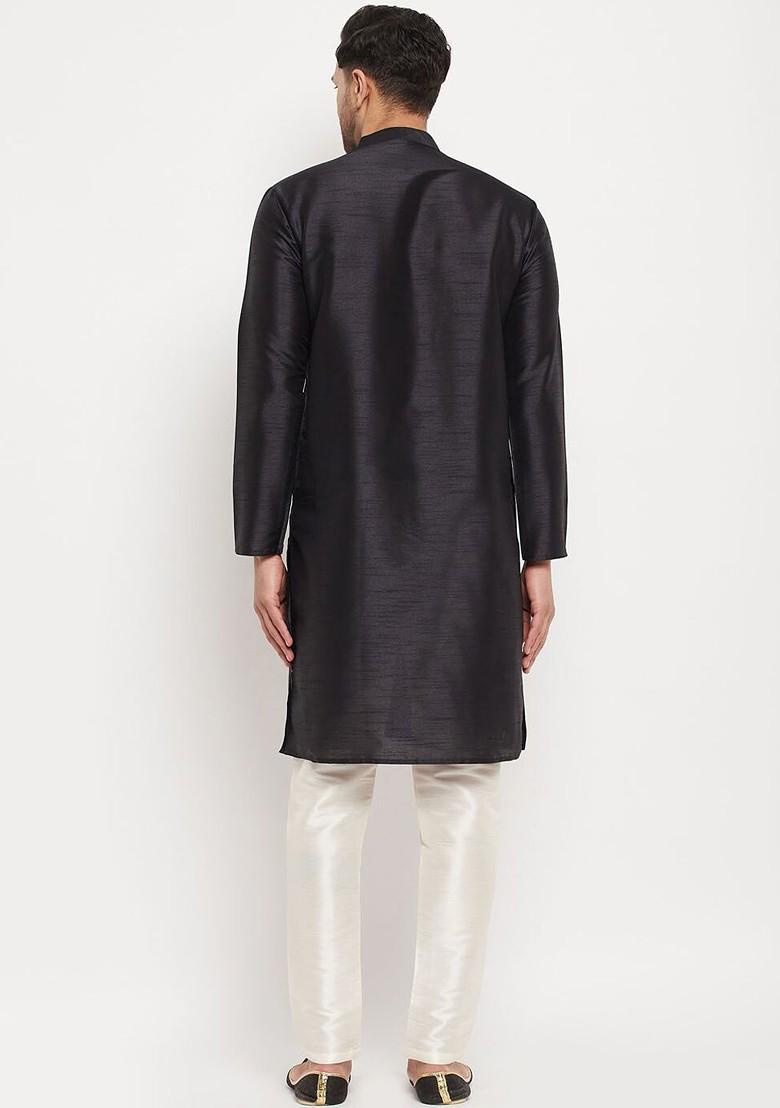 Black Solid Silk Kurta Set For Men
