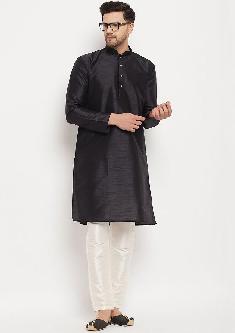 Black Solid Silk Kurta Set For Men
