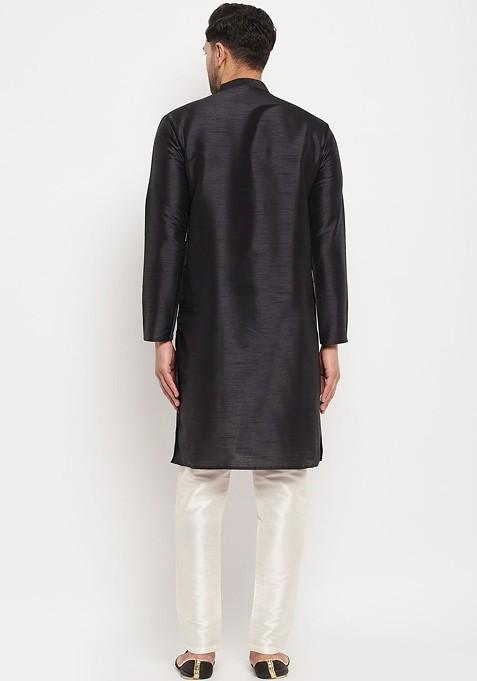 Black Solid Silk Kurta Set For Men