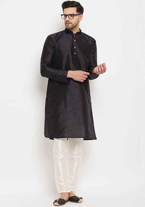 Black Solid Silk Kurta Set For Men