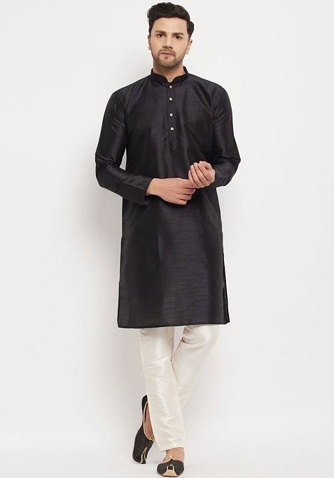 Black Solid Silk Kurta Set For Men