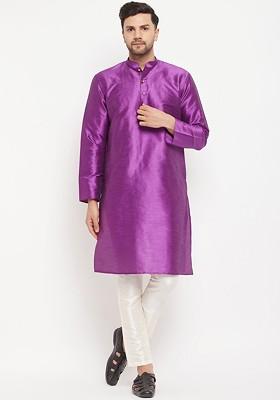 Purple Solid Silk Kurta Set For Men