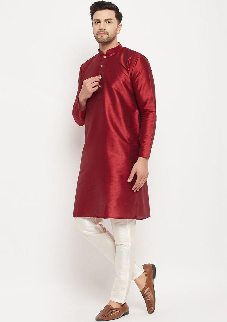 Maroon Solid Silk Kurta Set For Men