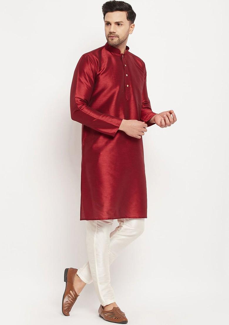 Maroon Solid Silk Kurta Set For Men