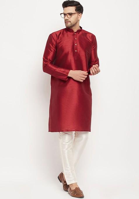Maroon Solid Silk Kurta Set For Men
