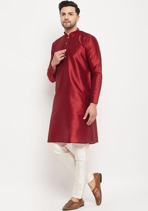 Maroon Solid Silk Kurta Set For Men