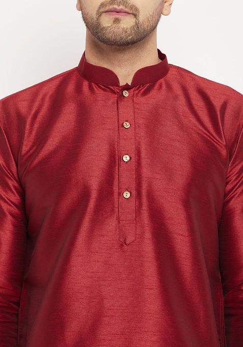 Maroon Solid Silk Kurta Set For Men