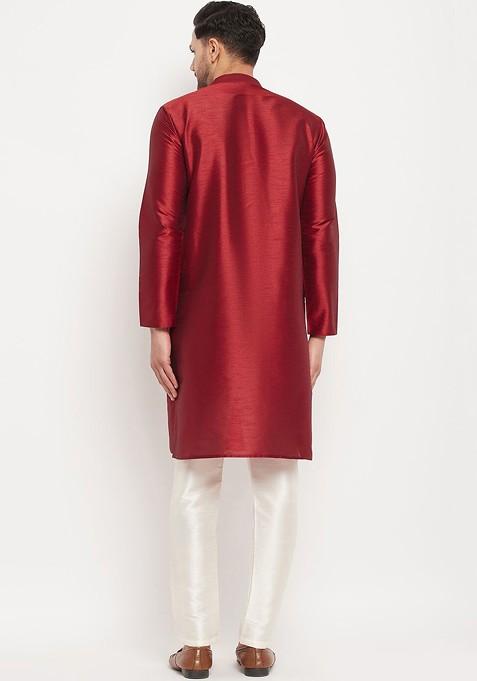 Maroon Solid Silk Kurta Set For Men