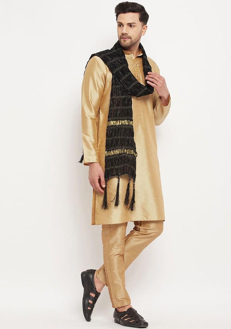 Rose Gold Solid Silk Kurta Set For Men