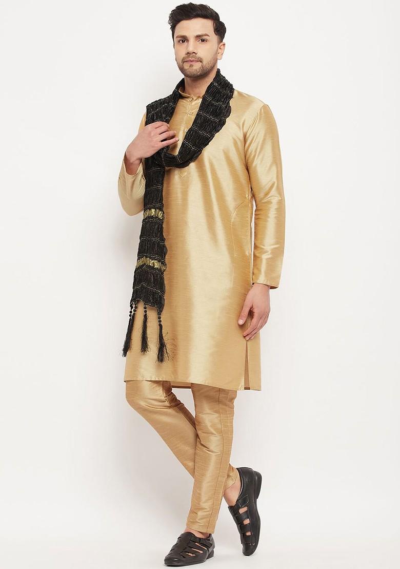 Rose Gold Solid Silk Kurta Set For Men
