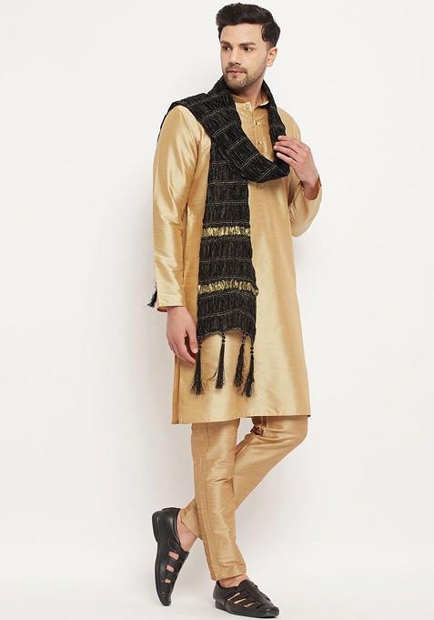 Rose Gold Solid Silk Kurta Set For Men