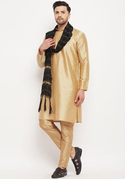 Rose Gold Solid Silk Kurta Set For Men