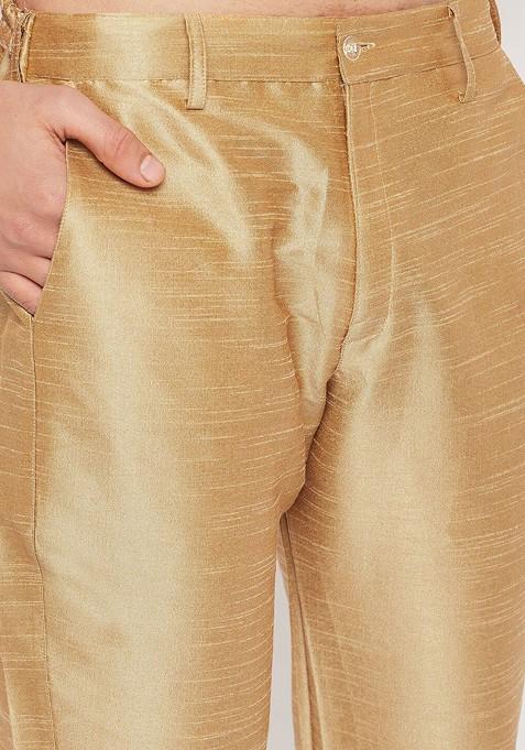 Rose Gold Solid Silk Kurta Set For Men