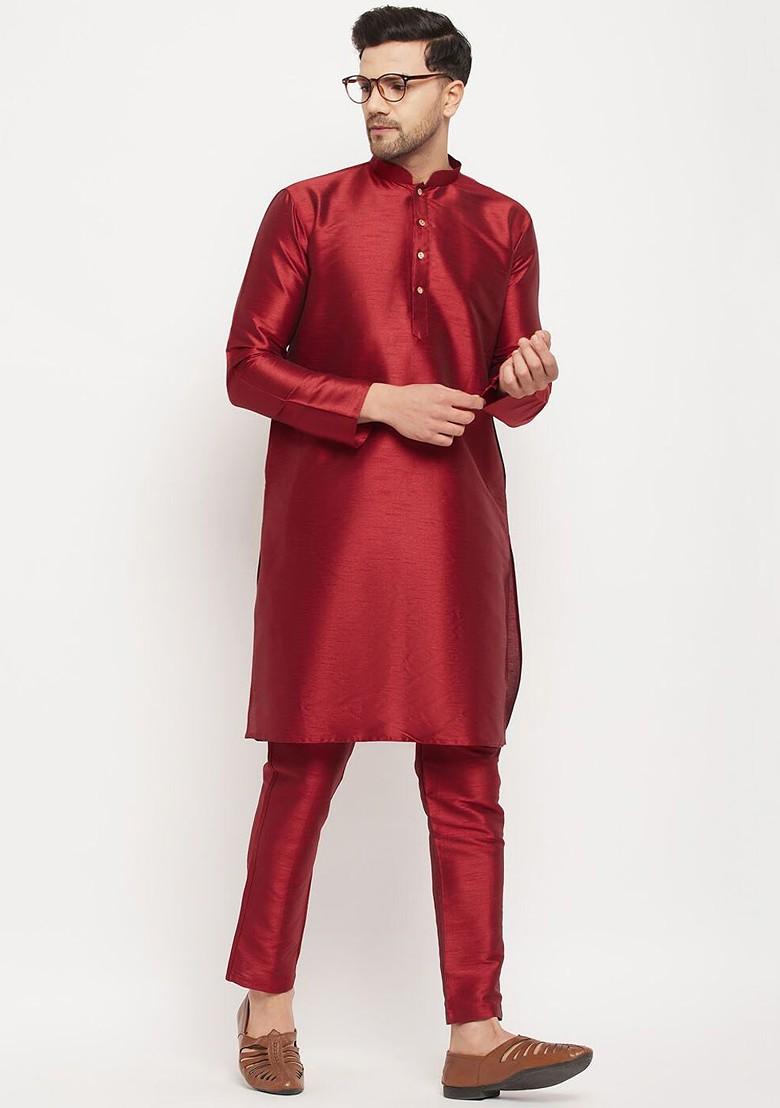 Maroon Solid Silk Kurta Set For Men