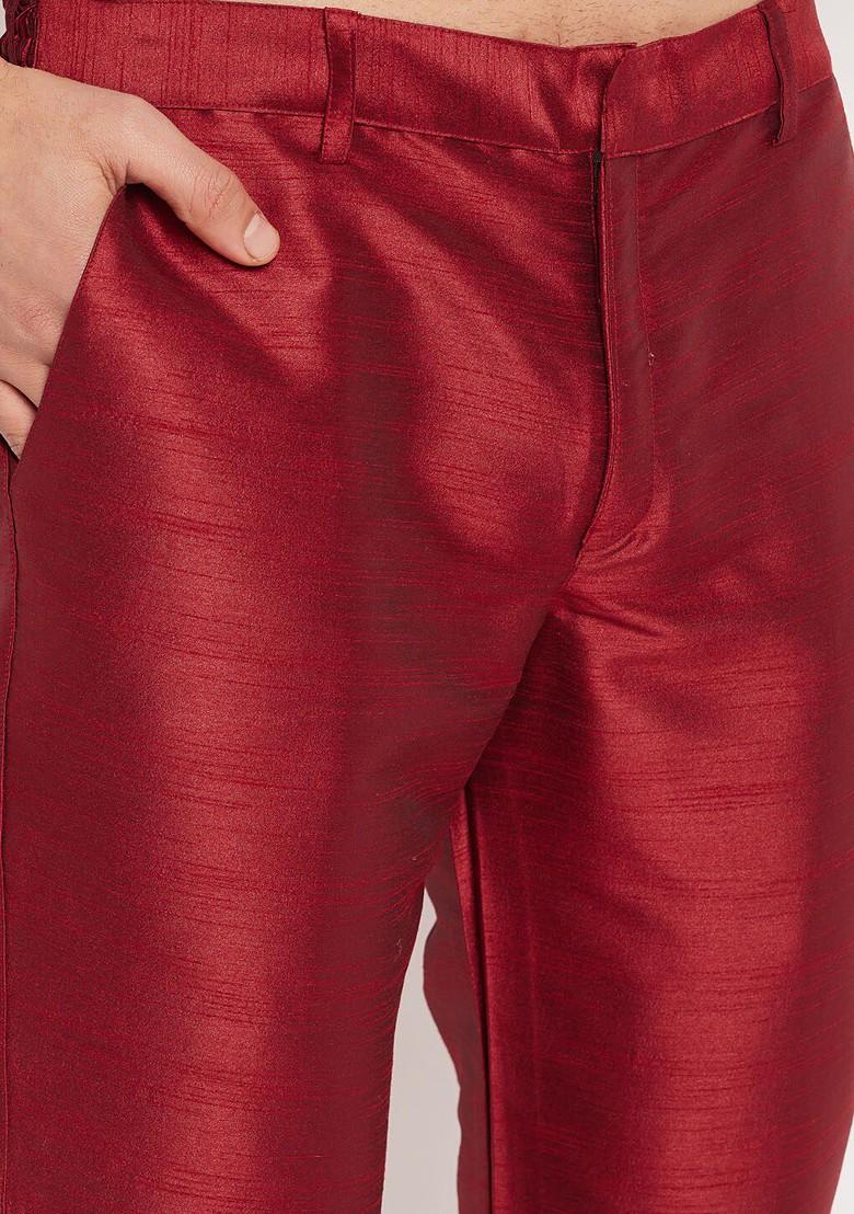 Maroon Solid Silk Kurta Set For Men