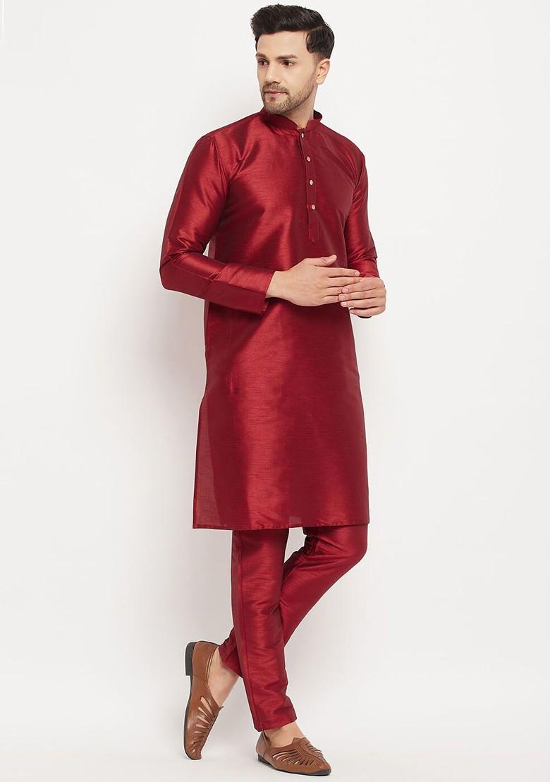 Maroon Solid Silk Kurta Set For Men