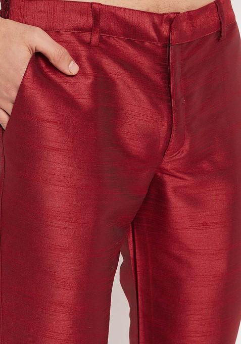 Maroon Solid Silk Kurta Set For Men