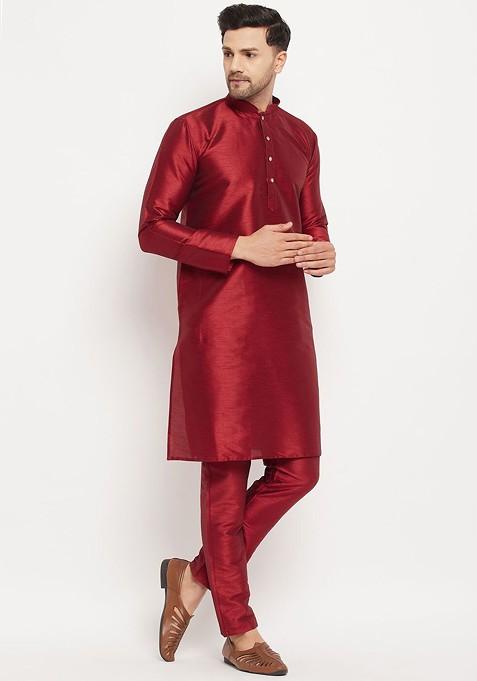 Maroon Solid Silk Kurta Set For Men