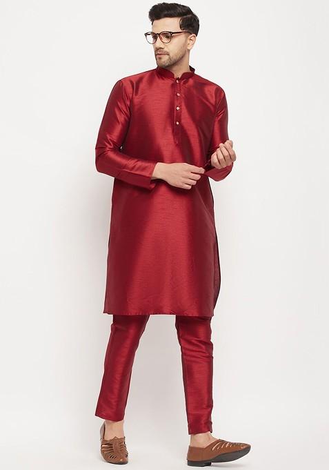 Maroon Solid Silk Kurta Set For Men
