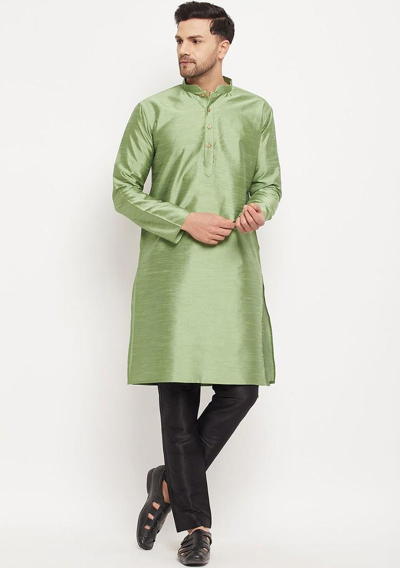 Green Solid Poly Blend Kurta Set For Men