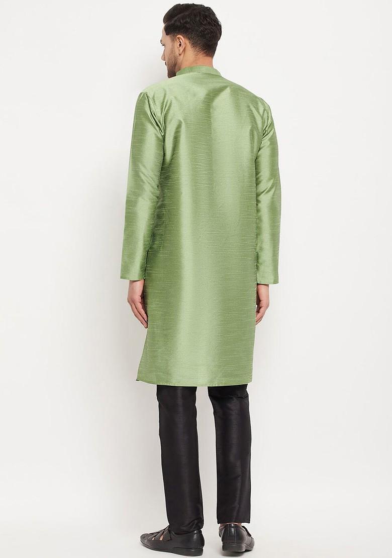 Green Solid Poly Blend Kurta Set For Men