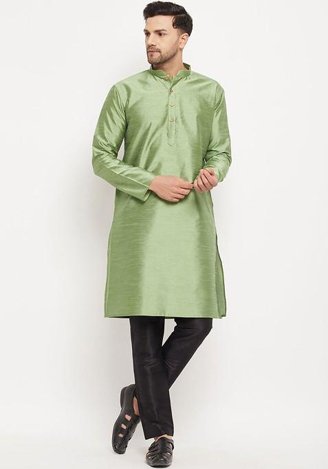 Green Solid Poly Blend Kurta Set For Men