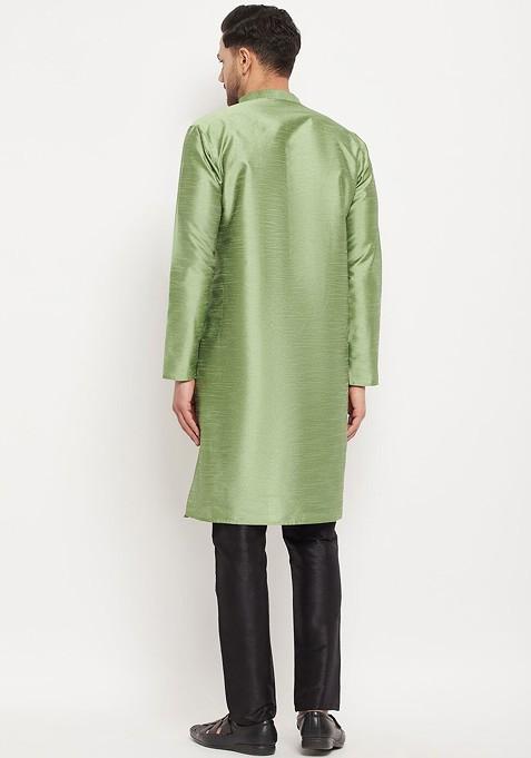 Green Solid Poly Blend Kurta Set For Men