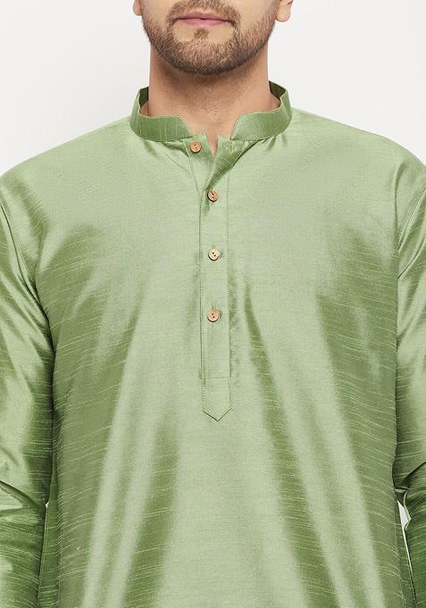 Green Solid Poly Blend Kurta Set For Men