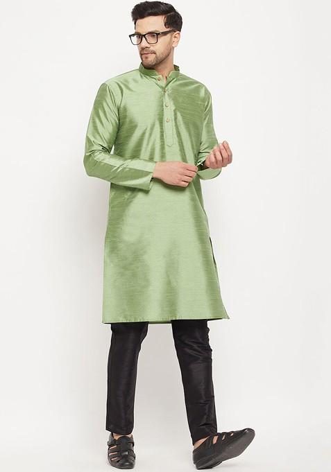 Green Solid Poly Blend Kurta Set For Men