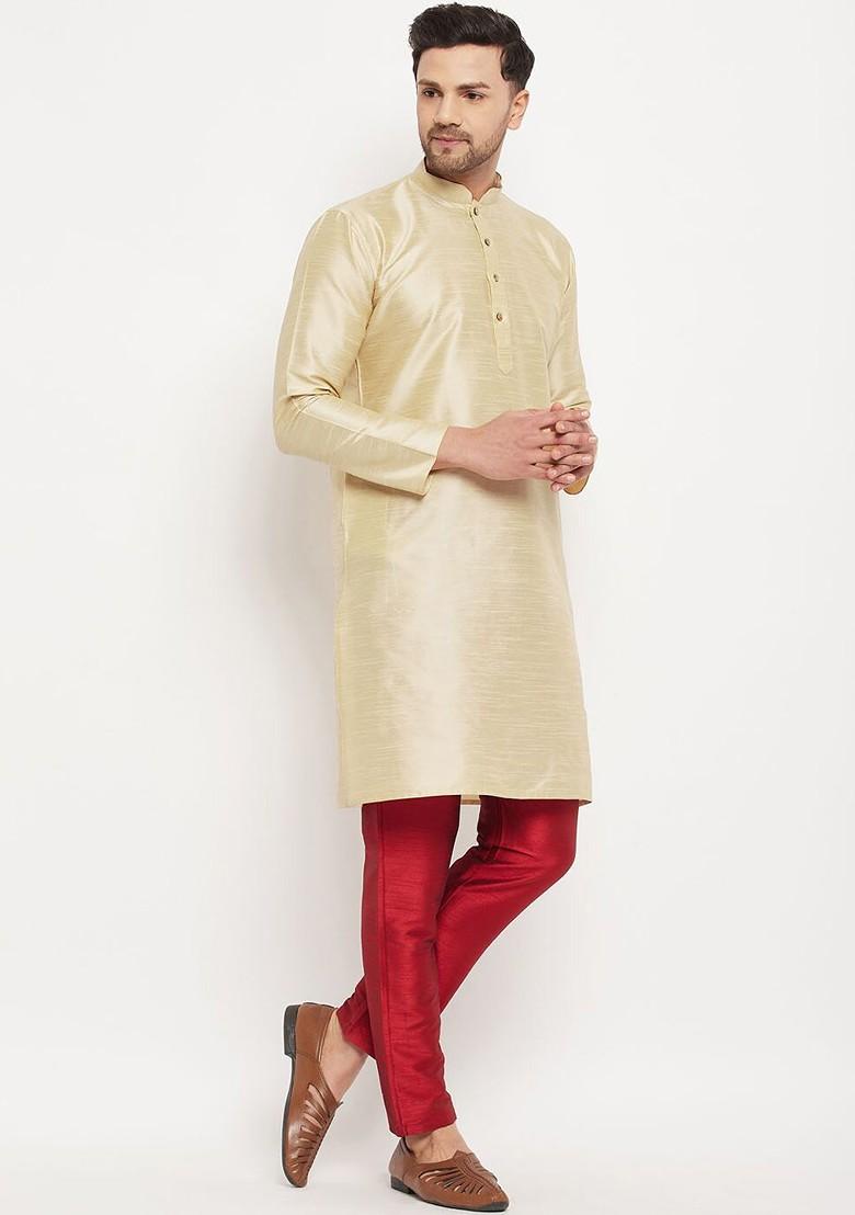 Cream Solid Poly Blend Kurta Set For Men