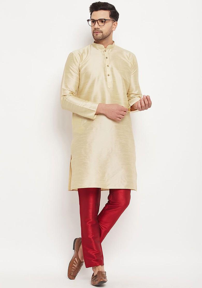 Cream Solid Poly Blend Kurta Set For Men