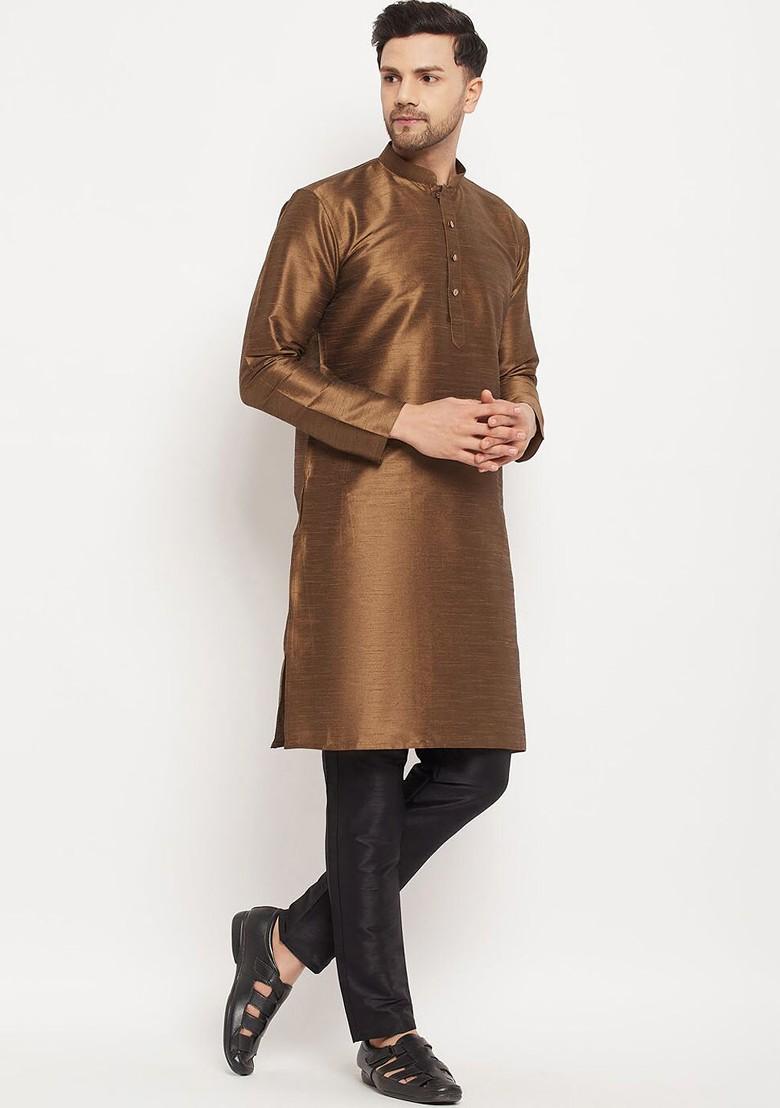 Coffee Brown Solid Poly Blend Kurta Set For Men