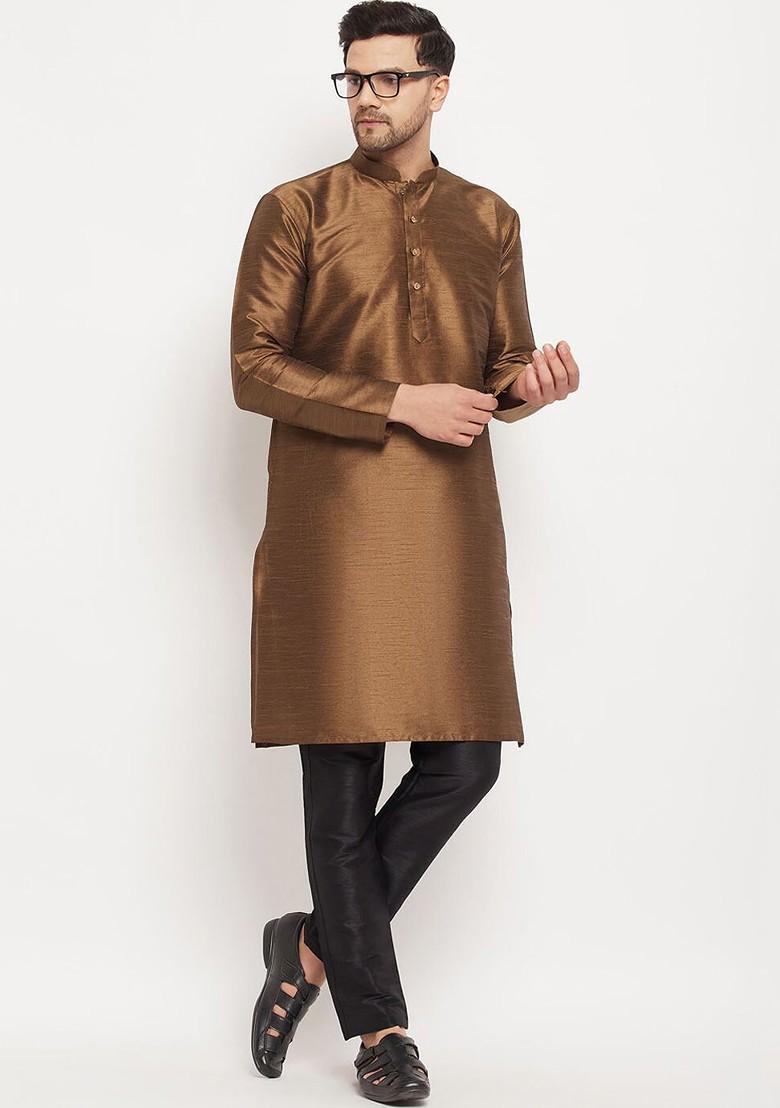 Coffee Brown Solid Poly Blend Kurta Set For Men