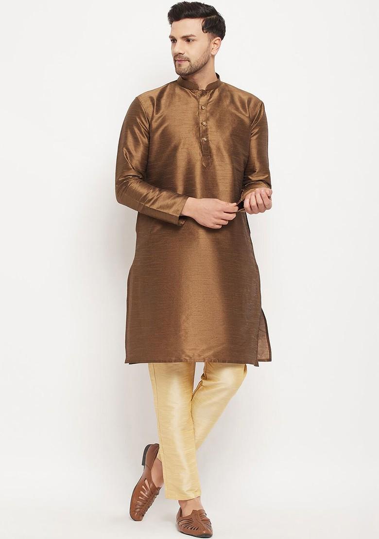 Coffee Brown Solid Poly Blend Kurta Set For Men