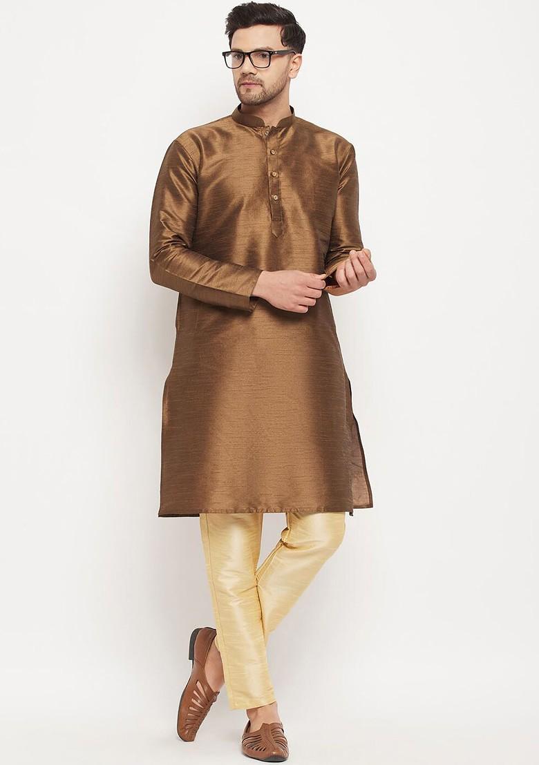 Coffee Brown Solid Poly Blend Kurta Set For Men