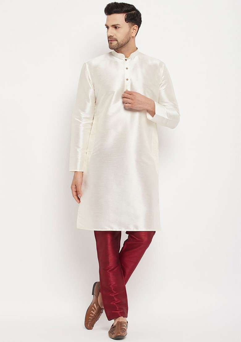 Off White Solid Poly Blend Kurta Set For Men - Indya