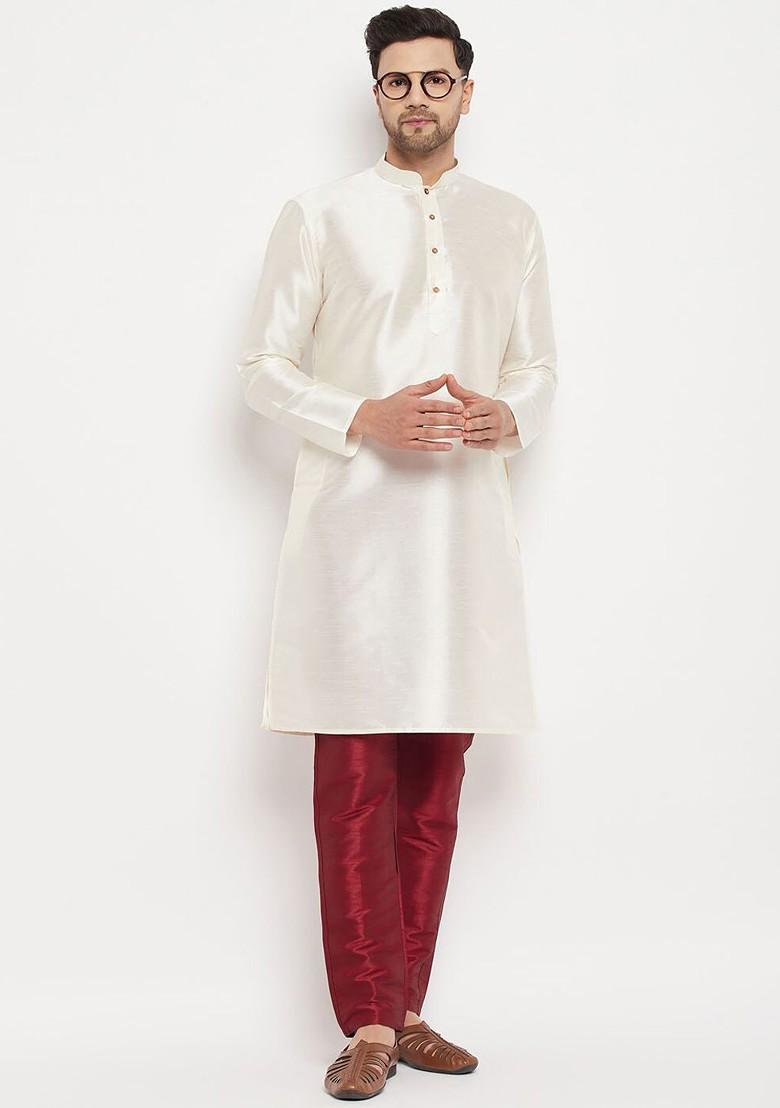 Off White Solid Poly Blend Kurta Set For Men