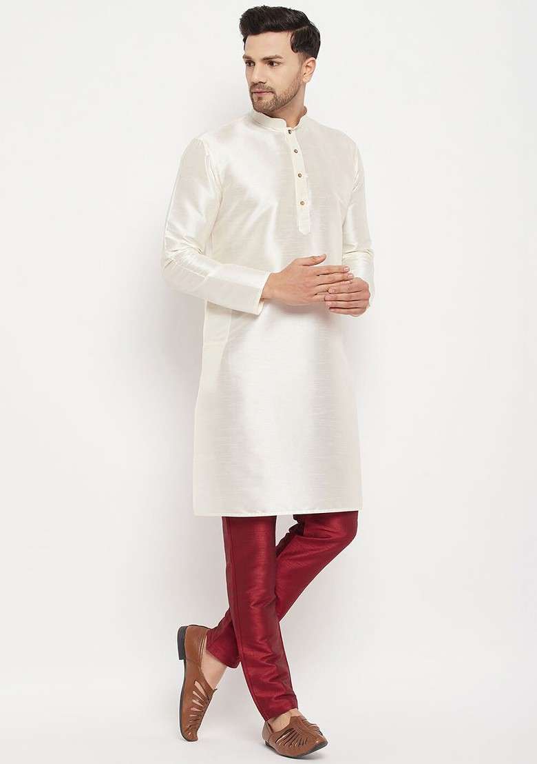 Off White Solid Poly Blend Kurta Set For Men - Indya