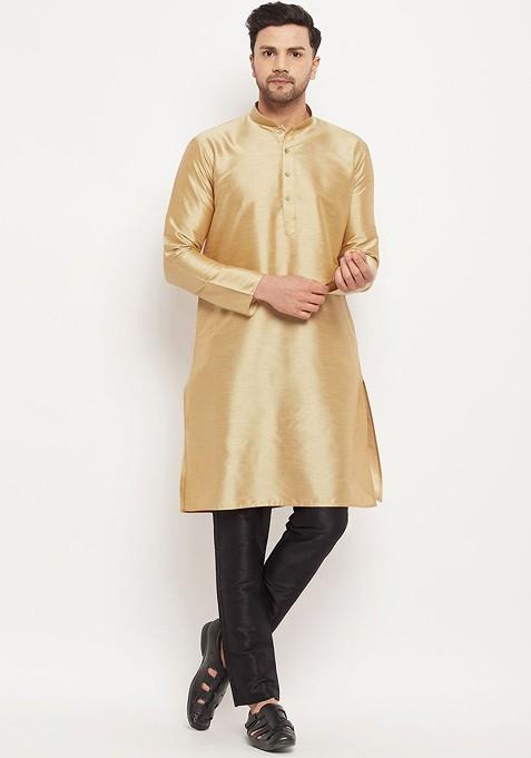 Gold Solid Poly Blend Kurta Set For Men