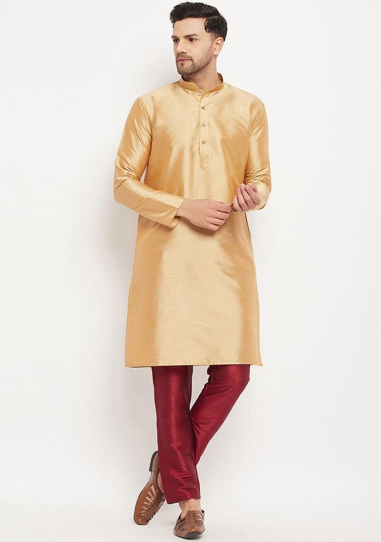 Gold Solid Poly Blend Kurta Set For Men
