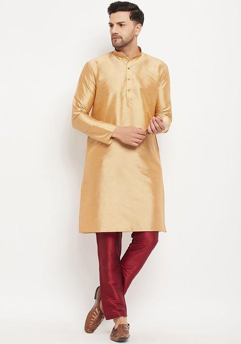 Gold Solid Poly Blend Kurta Set For Men