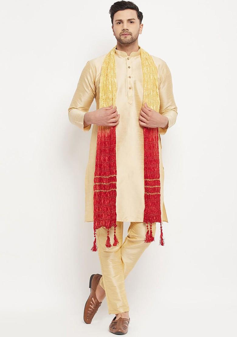 Gold Solid Poly Blend Kurta Set For Men