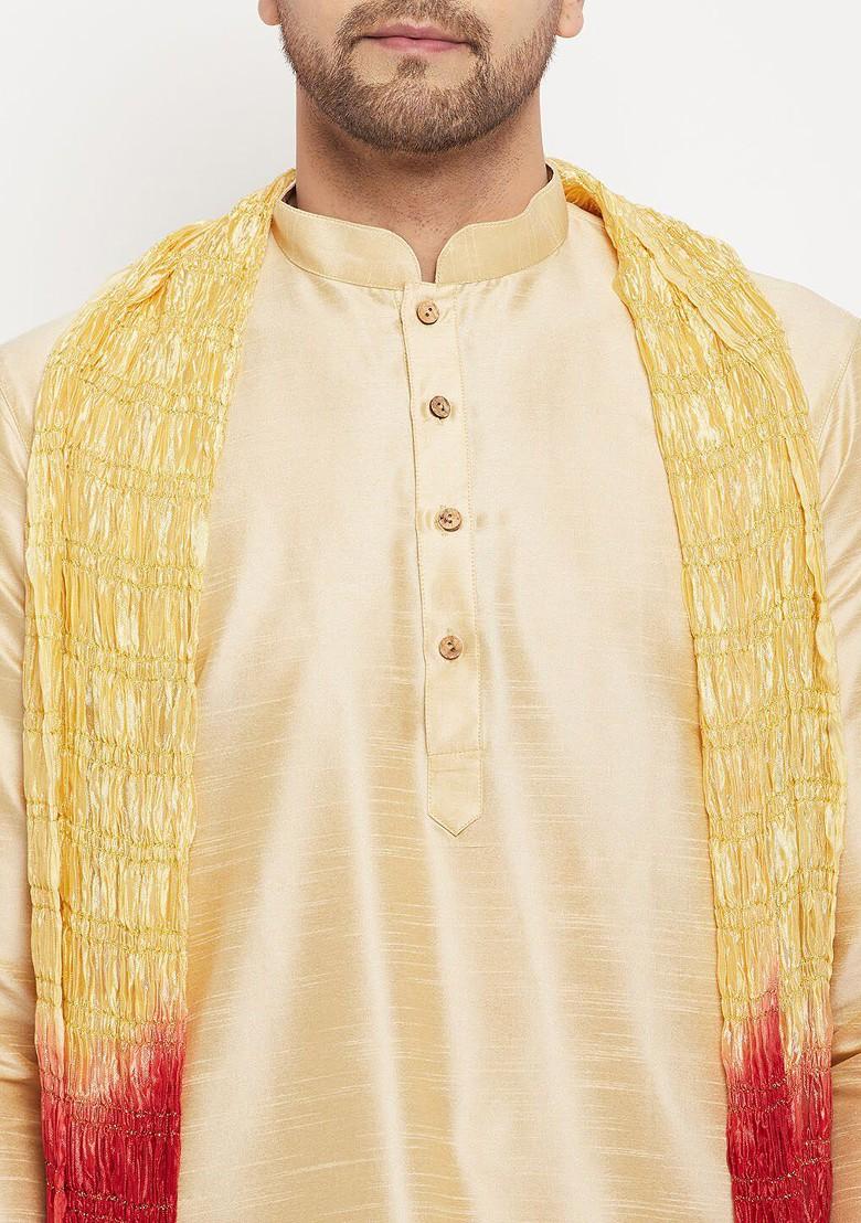 Gold Solid Poly Blend Kurta Set For Men